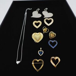Heart Jewelry Lot Necklace Pin Brooch Earrings Pendant Love Sweetheart Gold Tone